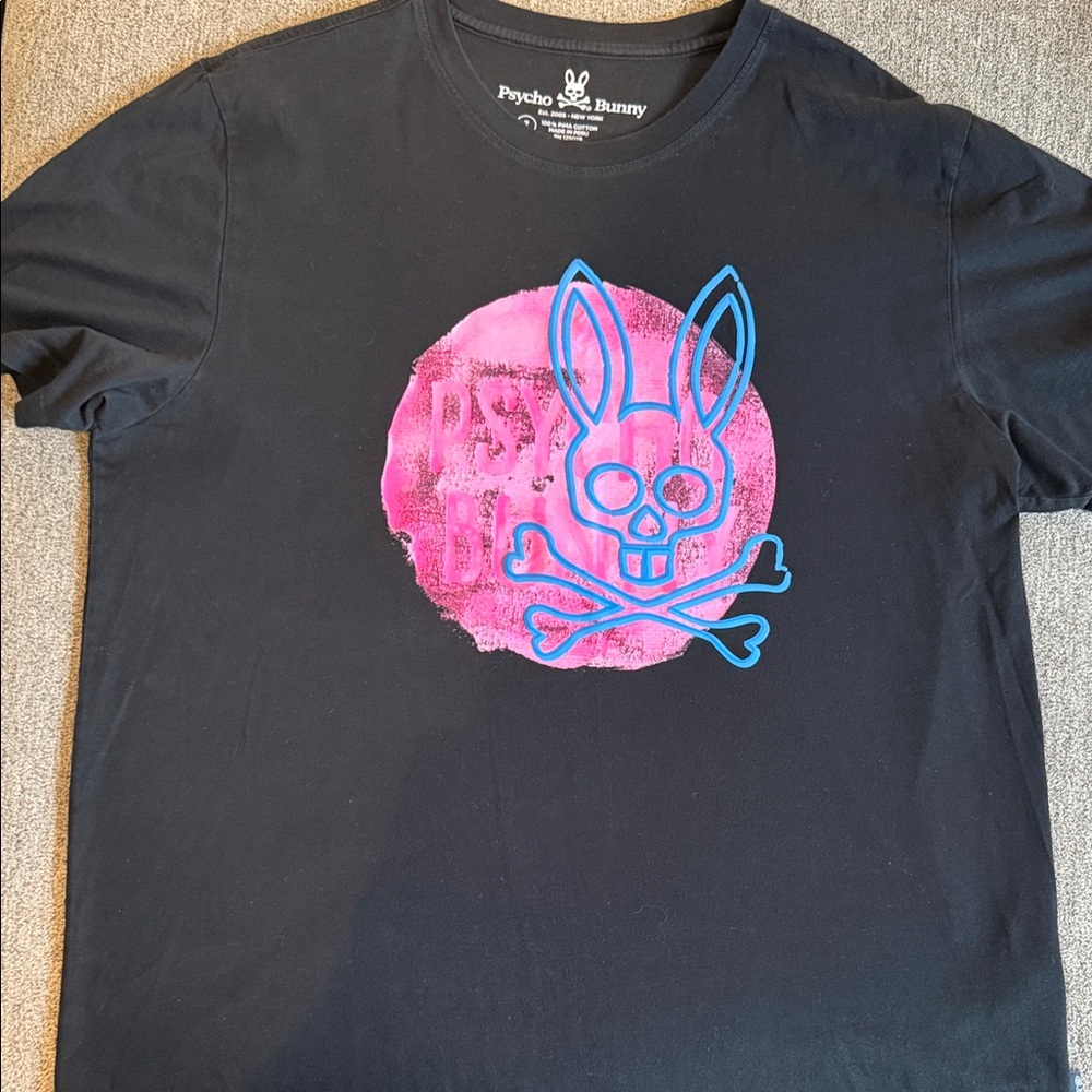 Psycho Bunny Black Tee with Pink and Blue BunnySkull Design